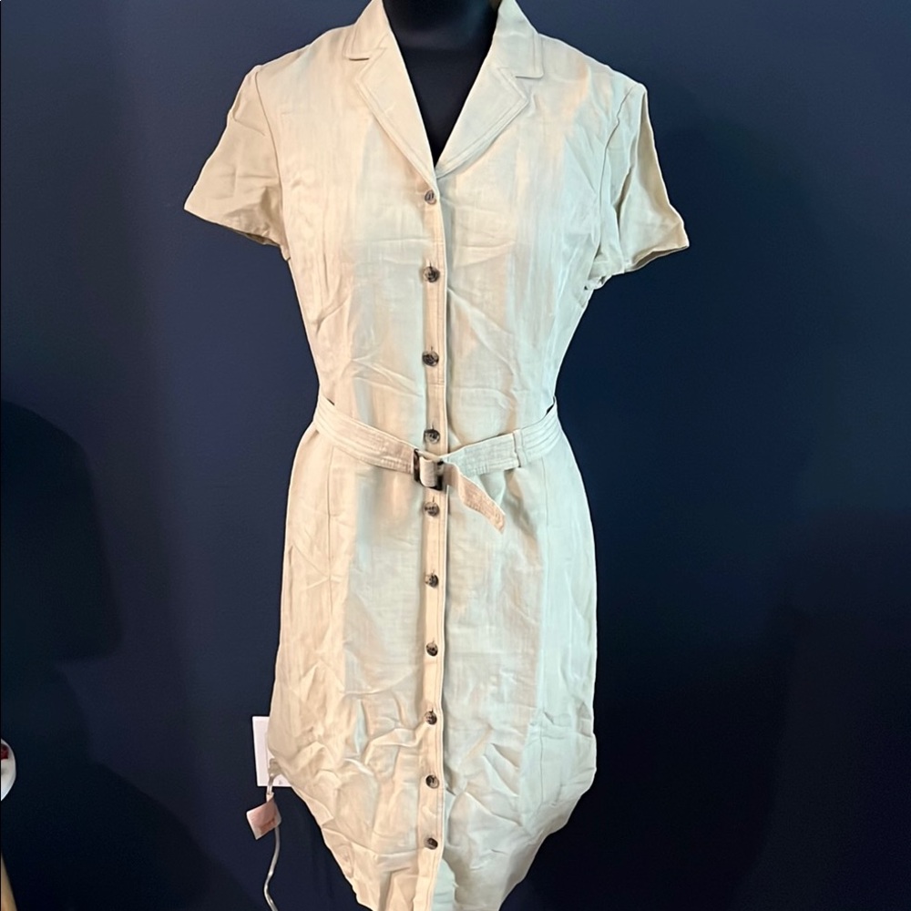 Ann Taylor Linen Blend khaki colored Ivory Cream button down belted dress sz 8